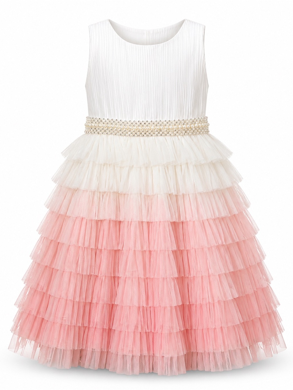 American Princess White Bodice Pink Ombre Tulle Ruffle Dress with Pearl Waist